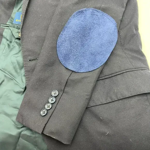 Polo Ralph Lauren Wool Navy Blazer With Leather Elbow Patches